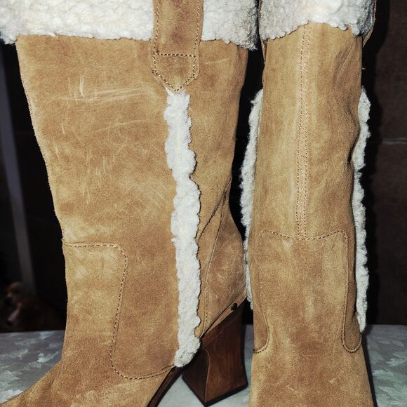 MIA Sz9 Y2K Tan Suede Faux Shearling Trim Retro Boho Hippie Wood Heel Clog Boots - Picture 6 of 11
